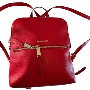 MICHAEL KORS Rhea Pebbled Leather Slim Backpack Solid Red Medium Bag